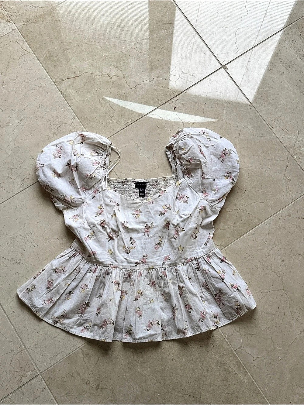 New Look Pink Rose Print Shirred Puff Sleeve Top Size 10